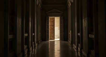 Open doorway at the end of a dark hallway, inviting light, mystery, and a path forward.