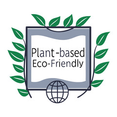 Obraz premium Eco-Friendly Plant-Based Label with Leaves and Globe Design 