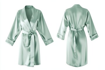 Elegant mint green robe, flowing silhouette, soft silky texture, perfect for relaxation & a touch of luxury. Light and comfortable.