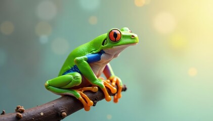 Obraz premium Green tree frog perched on white, vibrant colors, macro, wildlife, tree frog