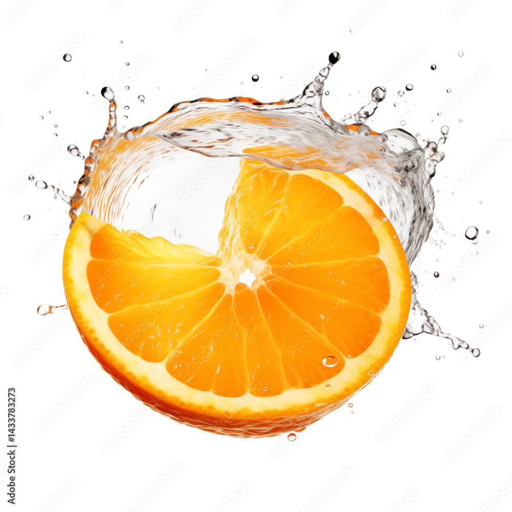 Poster a vibrant orange slice is surrounded by a dynamic splash of clear water on a transparent background 