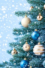 Obraz premium Frosty evergreen branches adorned with gold and blue ornaments against a snowy backdrop