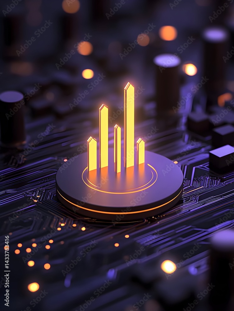 Poster glowing gold bar graph on dark circuit board, symbolizing technological growth and data analysis