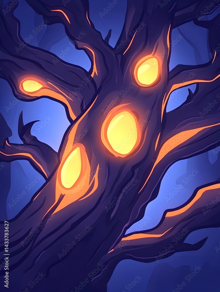 Aufkleber glowing orbs embedded in a gnarled, ancient tree trunk against a dark, moody backdrop