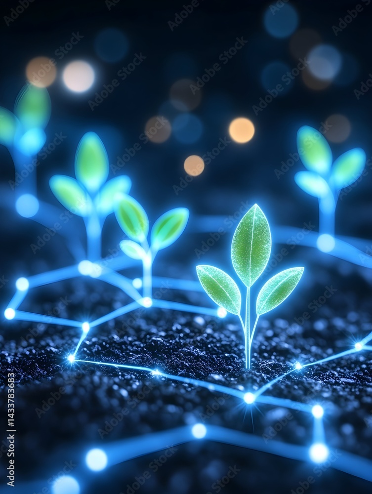 Poster glowing seedlings connected by a luminous network, sprouting from dark soil against a bokeh backgrou