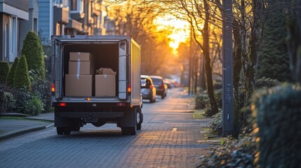 Obraz premium Small box truck with open doors ready for package loading at sidewalk curb