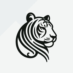 A graphic black and white illustration of a tiger's head in profile.