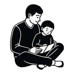 Cartoon father  and child reading a book together .
