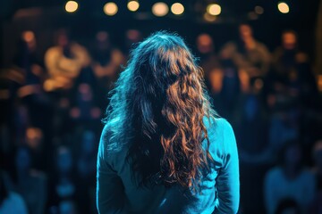 Rear View of Woman Comedian Performing to Live Audience