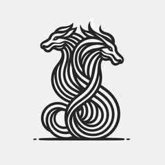 A black and white graphic of two intertwined dragons in a linear style.