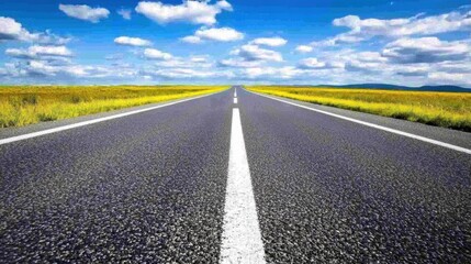 Naklejka premium Straight two-lane road in prairie landscape with single white dividing line