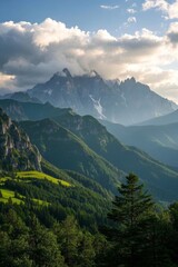 Fototapeta premium mountains with a few trees and a few clouds in the sky
