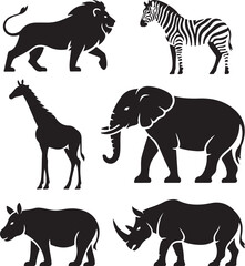 African Wildlife Silhouette Set Lion, Zebra, Giraffe, Elephant, Rhino