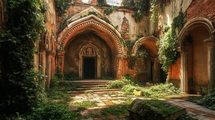 Obraz premium Overgrown Stone Ruins with Gothic Archways