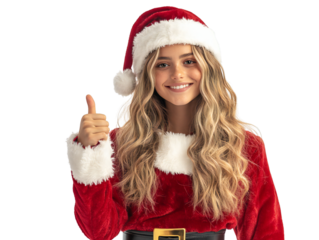Smiling young woman in Santa costume giving thumbs up, festive holiday portrait on isolated background with cheerful Christmas spirit