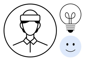 Headshot of a person wearing a headband inside a circle, lightbulb symbolizing ideas, and happy face expressing positivity. Ideal for creativity, innovation, teamwork, motivation, brainstorming