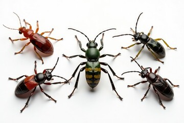 Several diverse insects on stark white backdrop, variety, arthropod, entomology