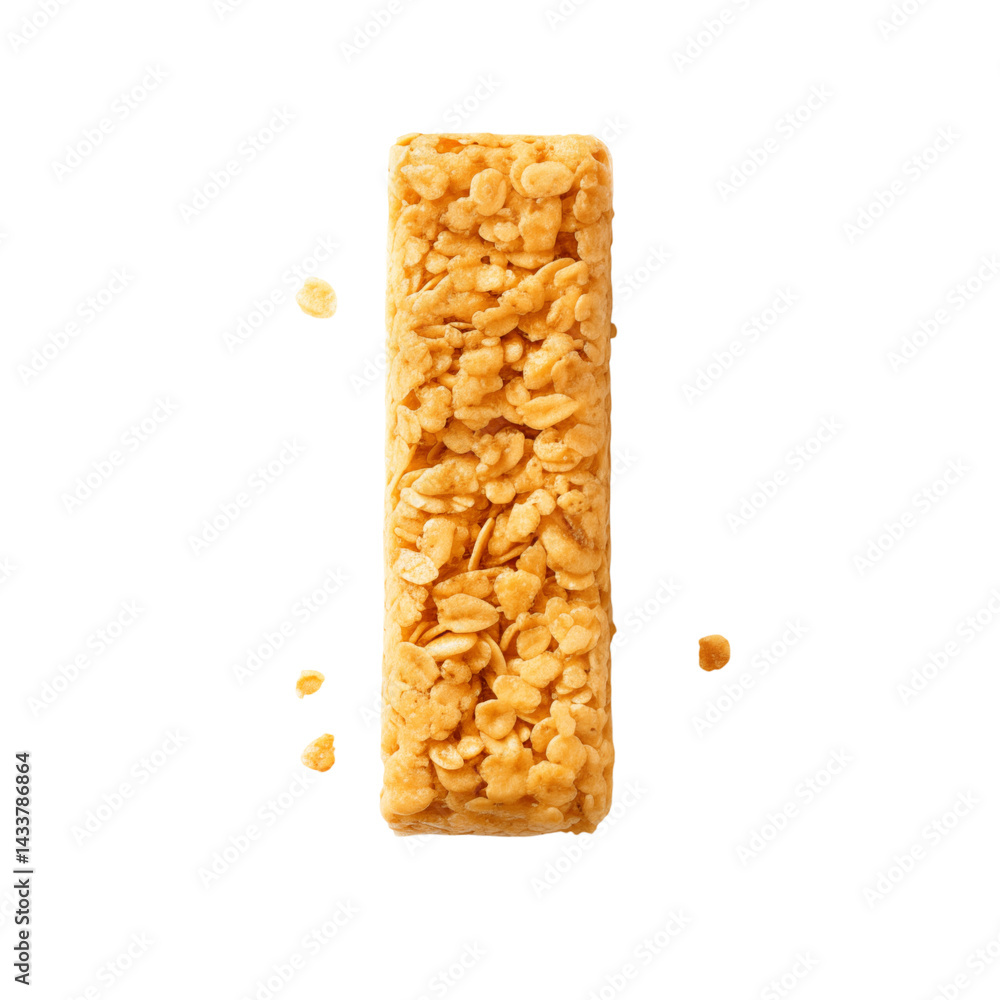 Poster a single cereal bar centered on a transparent background with some loose cereal pieces around the ba