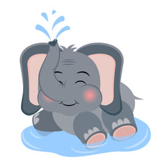 Funny cartoon elephant poured water from his trunk. Cute animal character on white background. Children's design, vector illustration, eps 10.