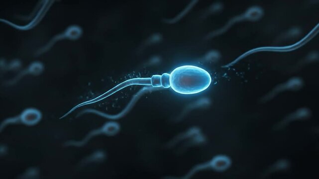 3D animation of multiple sperm cells swimming toward an egg cell, with one sperm making contact and starting fertilization. Realistic, educational medical motion graphics.