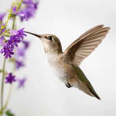 Fototapeta premium Hummingbird feeding on purple flowers garden wildlife photography natural habitat close-up view beauty of nature