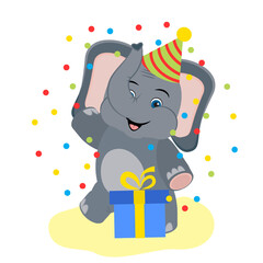 Funny cartoon elephant celebrates birthday. Cute animal character on white background. Children's design, vector illustration, eps 10.