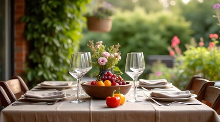 Cozy terrace and outdoor dining table with brown tablecloth, cutlery, glasses, napkins and crockery