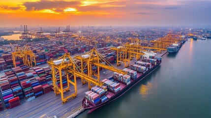 View from above of container ship turning slowly in deep sea channel