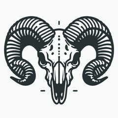 A stylized black and white skull of a horned animal, likely a ram or goat.