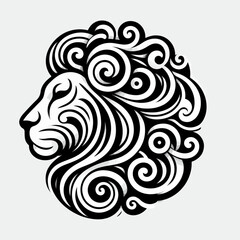 Intricate black and white lion's head with a decorative style.