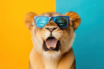 Surprised lion with glasses on colorful background