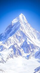 Obraz premium Majestic snow-capped peak under a vibrant blue sky Glaciers and rocky slopes extend down from the summit