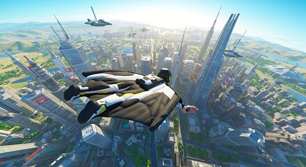 Naklejka premium Wingsuit Flight Over City with Aircraft