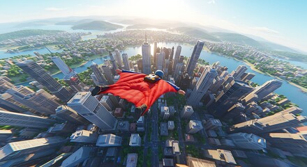 Wingsuit Flyer Over Urban Landscape