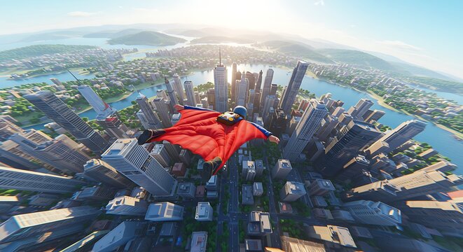 Wingsuit Flyer Over Urban Landscape