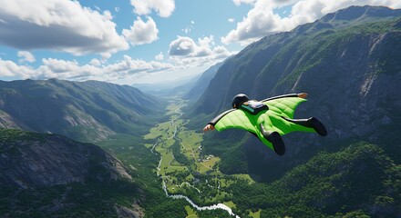 Wingsuit Flyer Over a Valley Between Green Mountains
