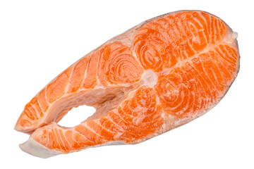 fresh raw salmon steak isolated on white background. Top view