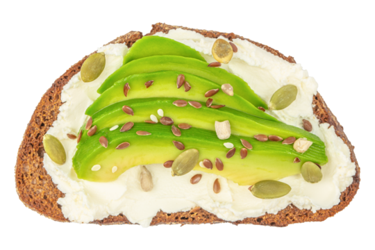 Healthy vegetarian avocado toast with rye bread and pumpkin seeds isolated on white background. Top view