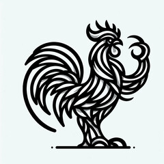 A bold, black and white line art rendering of a rooster, with elaborate feather details.