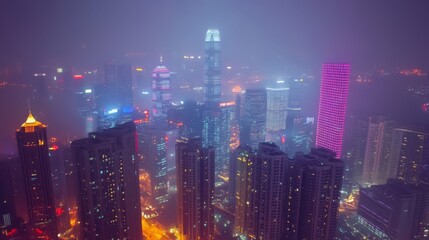 Fototapeta premium Night Cityscape with Fog and Illuminated Skyscrapers