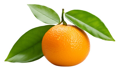 Close up of a single orange with three green leaves attached to the stem on a transparent background png