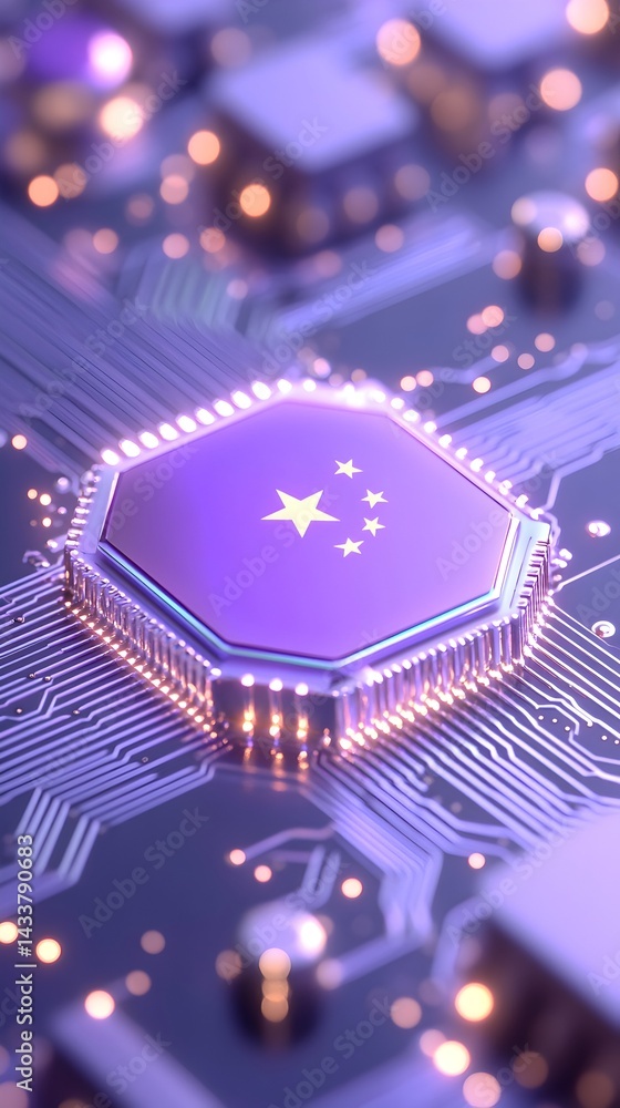 Poster a stylized national flag embedded in a futuristic circuit board, glowing with soft light