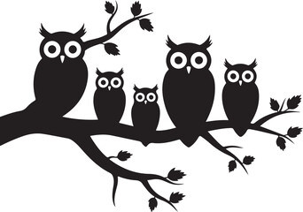 Silhouette Family of Owls Perched on a Branch
