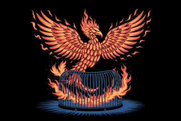 Phoenix Rising From Cage With Flames On Black Background