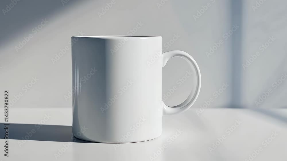 Poster White mug mockup template stands on a white table with window light casting shadows, creating a clean and minimalist design for showcasing branding or artwork