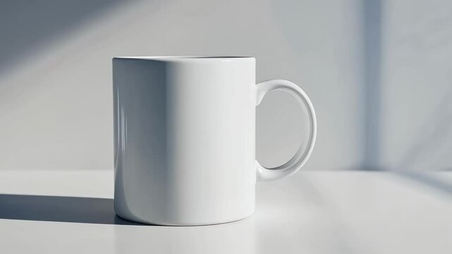 White mug mockup template stands on a white table with window light casting shadows, creating a clean and minimalist design for showcasing branding or artwork