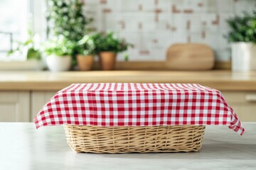 Wicker Basket with Checkered Cloth