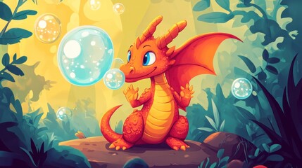 Cute Cartoon Dragon Blowing Bubbles in Lush Forest Environment