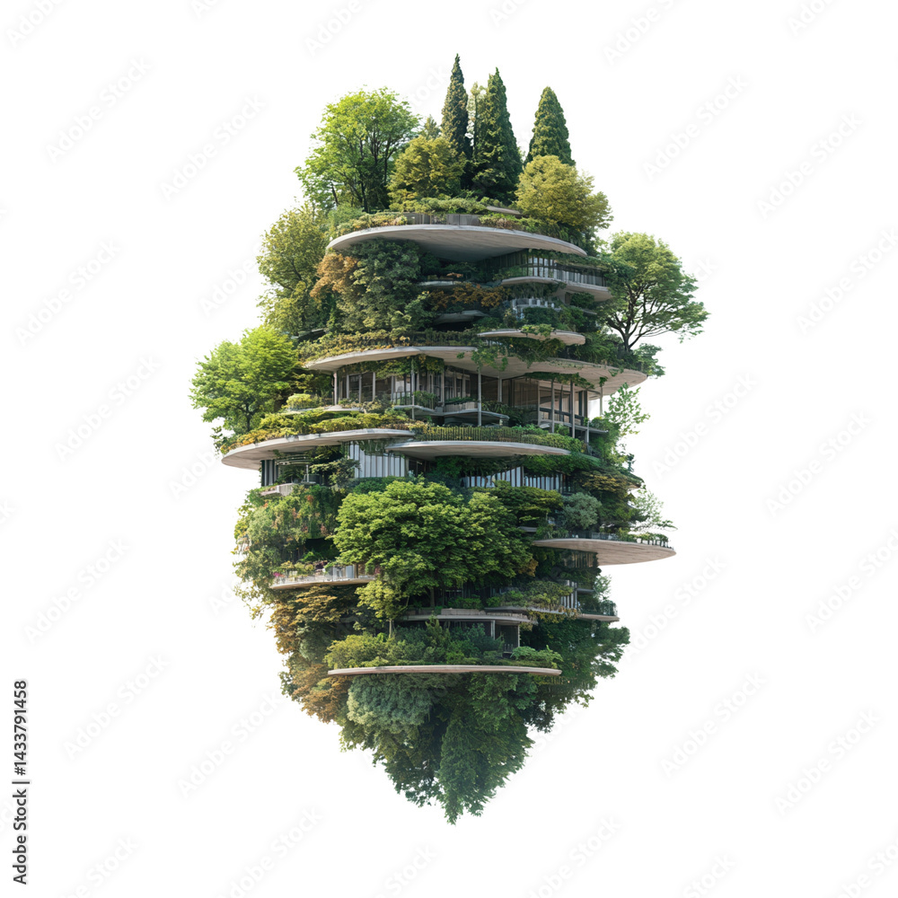 Poster nature conservation concept. floating structure surrounded by lush greenery on a dark background. is