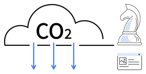 CO2 cloud with downward arrows represents reduction, chess knight symbolizes strategy, digital card suggests online data. Ideal for sustainability, carbon management, strategy, innovation, climate